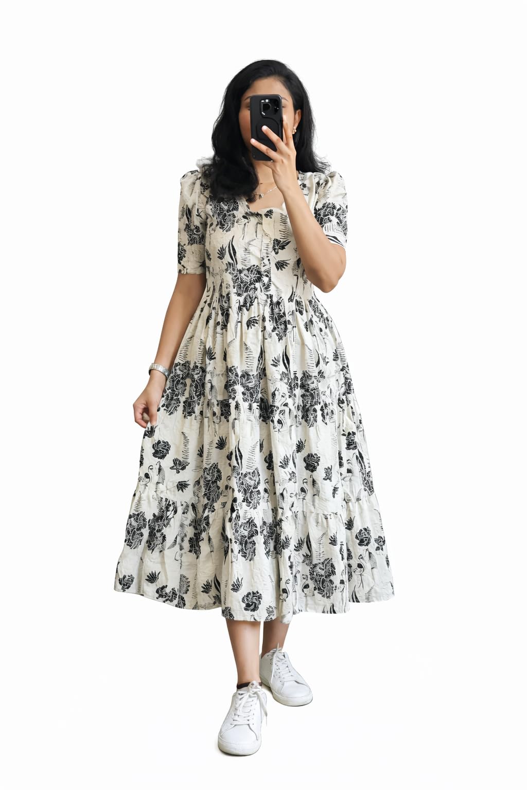 Women's Pink Bandhani Print Tiered Maxi Dress, Short Sleeve, Square Neck, Cotton